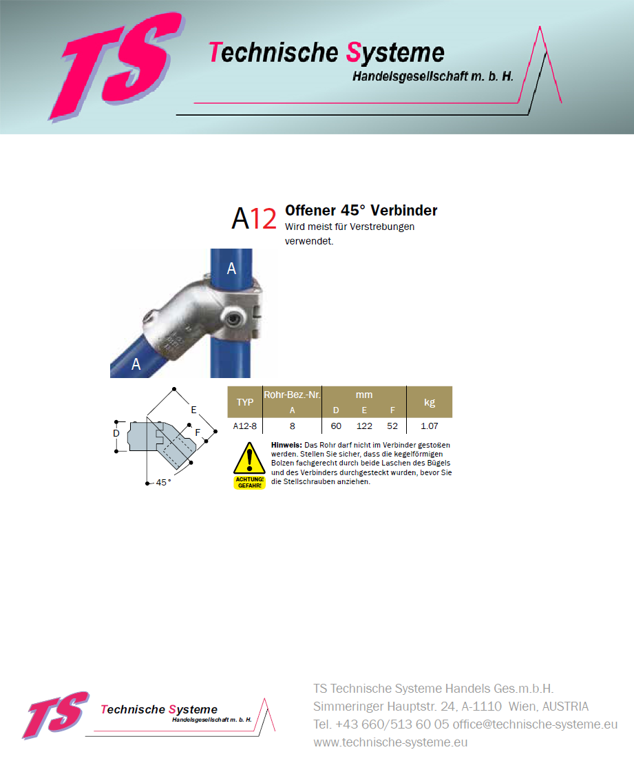 KKA12-8 Kee Klamp Rohrverbinder Typ A12 Größe 8 Verbinder 45° verzinkt. offen ID 48.3mm