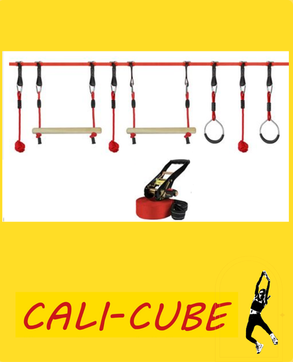 CC-ZK-A6365 Cali-Cube Ninja-Spaß Set für Teenies und Erwachsene Spaß im Garten mit Slackline Seilknoten Ringen Holzstab