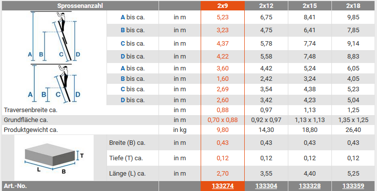Leiter ZK-K002 Sprossen-Schiebe-Leiter zweiteilig 2x9 - 2x18 Sprossen/Arbeitshöhe 3,6 - 9,85 Meter