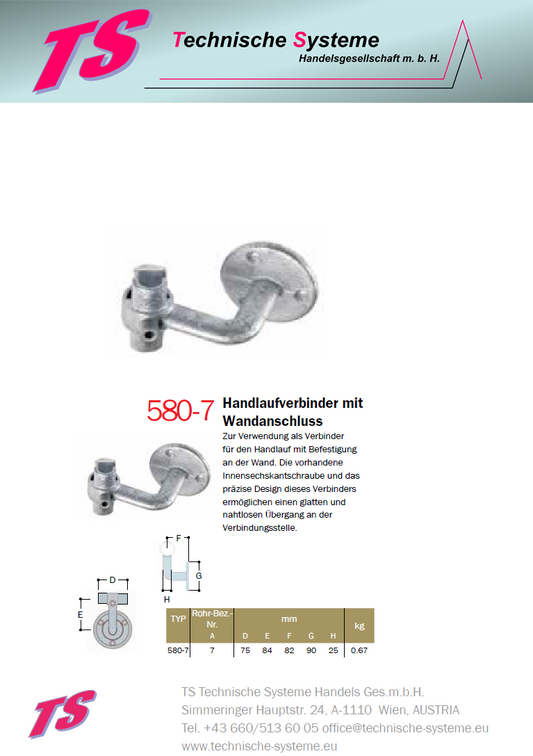 KK580-7 Kee Klamp Rohrverbinder Typ 580 Größe 7        Handlauf-Verbinder+Wandanschuss ID 42.4mm