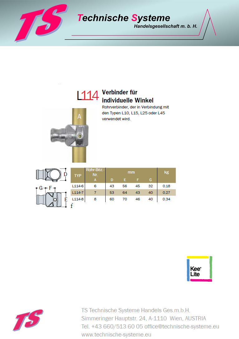 KL114-7  Kee Lite Rohrverbinder Typ 114 Größe 7      Verbinder für individuellen Winkel Aluminium 42,4mm