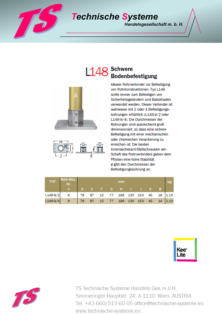 KL148-9 Kee Lite Rohrverbinder Typ 148 Größe 9      schwerer Bodenflansch aus Aluminium ID 60,3mm