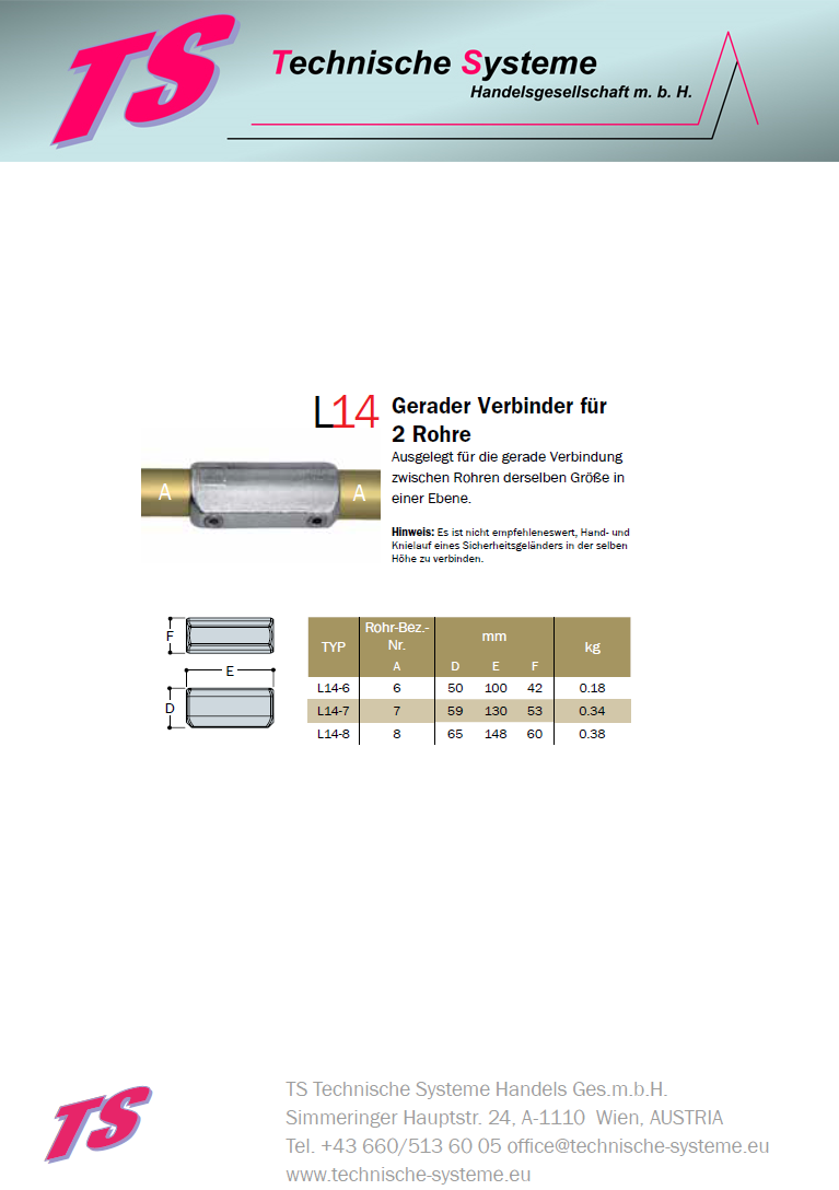 KL14-7  Kee Lite Rohrverbinder Typ 14 Größe 7        T-Verbinder aus Aluminium ID 42,4 mm