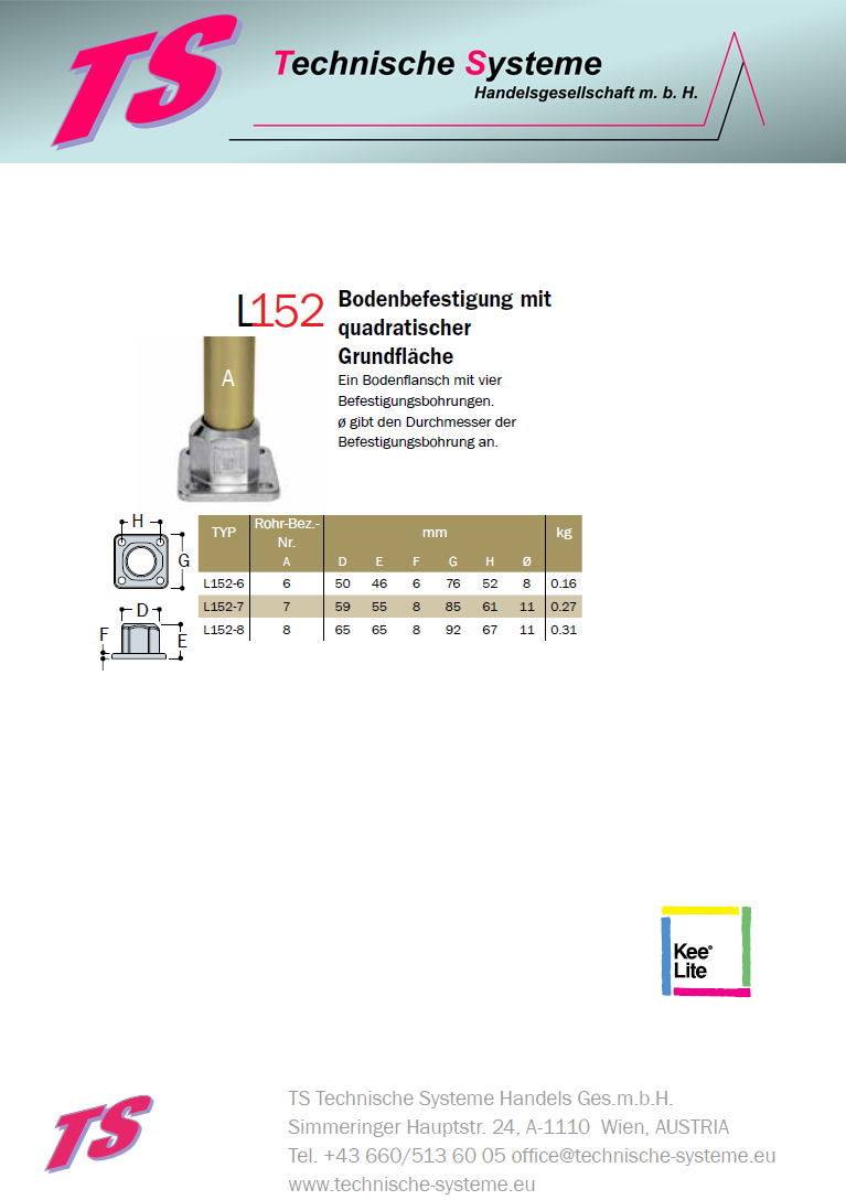 KL152-7  Kee Lite Rohrverbinder Typ 152 Größe 7      Bodenflansch mit quadratischer Grundfläche aus Aluminium ID 42,4 mm