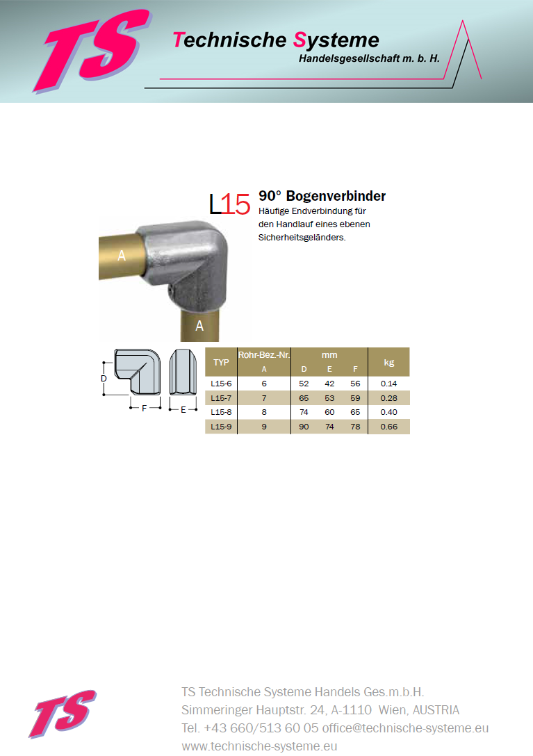 KL15-7  Kee Lite Rohrverbinder Typ 15 Größe 7        Bogen 90° aus Aluminium ID 42,4 mm