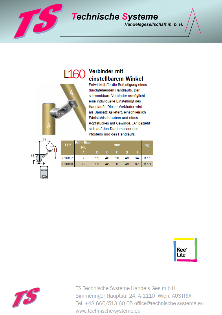 KL160-7  Kee Lite Rohrverbinder Typ 160 Größe 7      Verbinder mit einstellbarem Winkel aus Aluminium ID 42,4mm