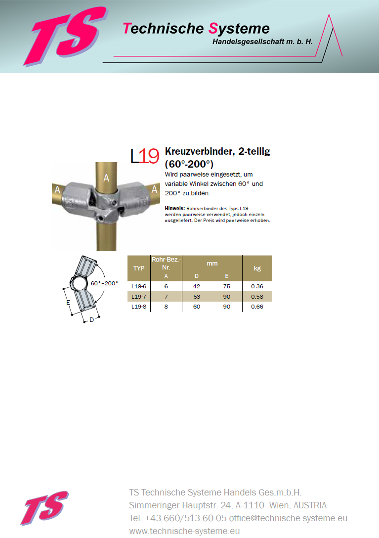 KL19-7  Kee Lite Rohrverbinder Typ 19 Größe 7        Winkel-Verbinder 60°-200° aus Aluminium ID 42,4 mm