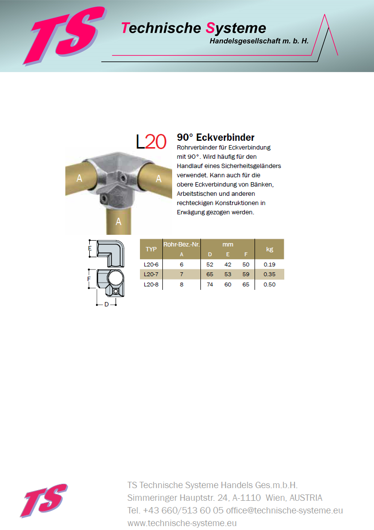 KL20-7  Kee Lite Rohrverbinder Typ 20 Größe 7        Eck-Verbinder aus Aluminium ID 42,4 mm