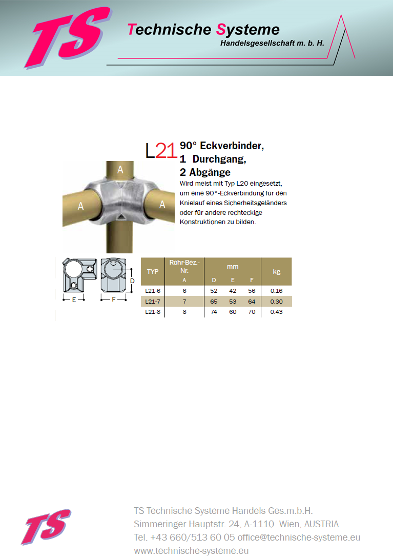 KL21-7  Kee Lite Rohrverbinder Typ 21 Größe 7        Eck-Verbinder aus Aluminium ID 42,4 mm