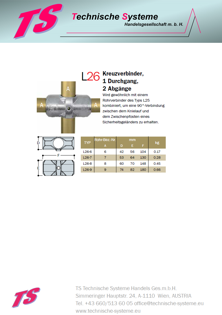 KL26-7  Kee Lite Rohrverbinder Typ 26 Größe 7        Kreuz-Verbinder aus Aluminium ID 42,4 mm