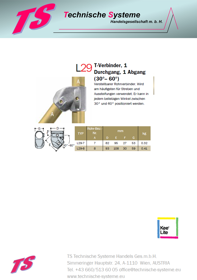 KL29-7  Kee Lite Rohrverbinder Typ 29 Größe 7         Verbinder 30°-60° aus Aluminium ID 42,4 mm