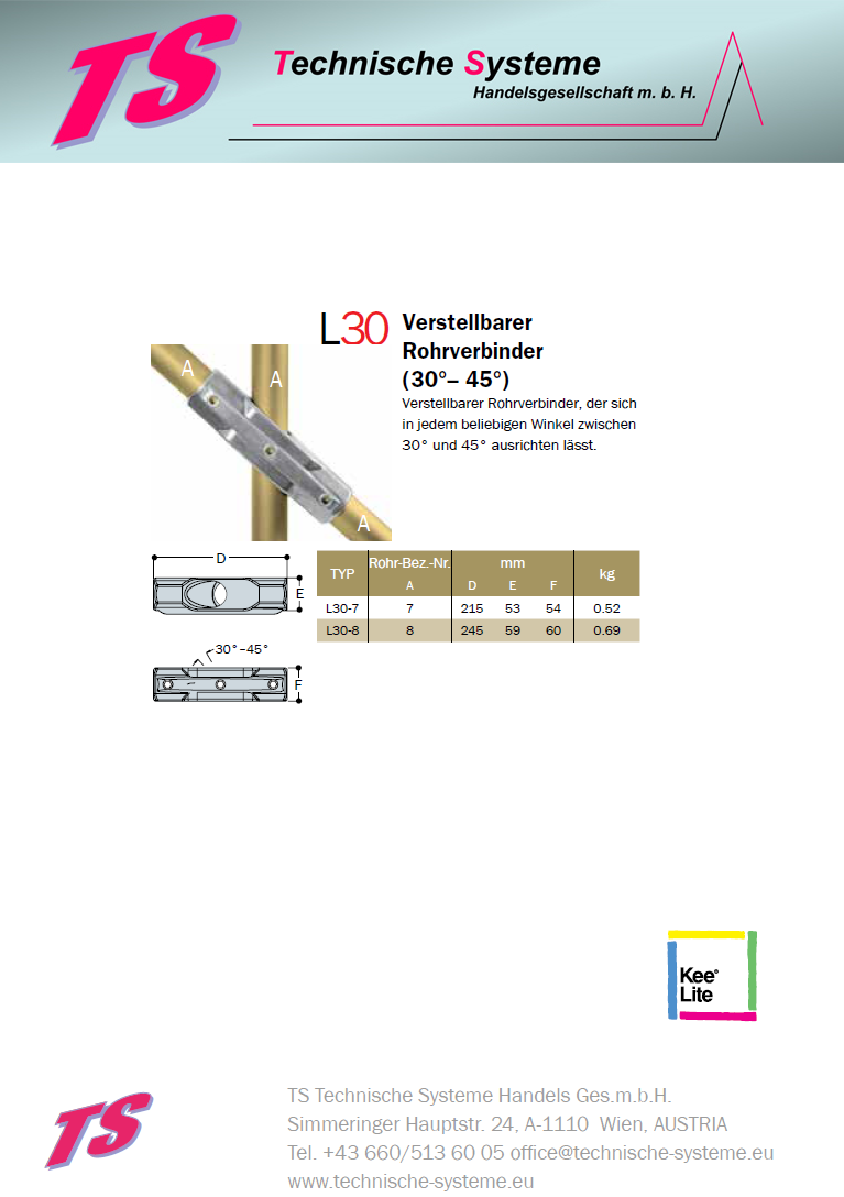 KL30-7  Kee Lite Rohrverbinder Typ 30 Größe 7         Kreuzverbinder 30°-45° aus Aluminium ID 42,4 mm