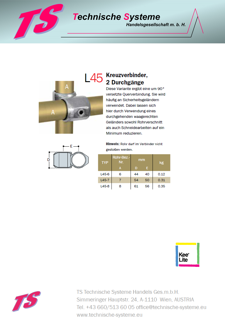 KL45-7  Kee Lite Rohrverbinder Typ 45 Größe 7         Kreuzverbinder aus Aluminium ID 42.4mm