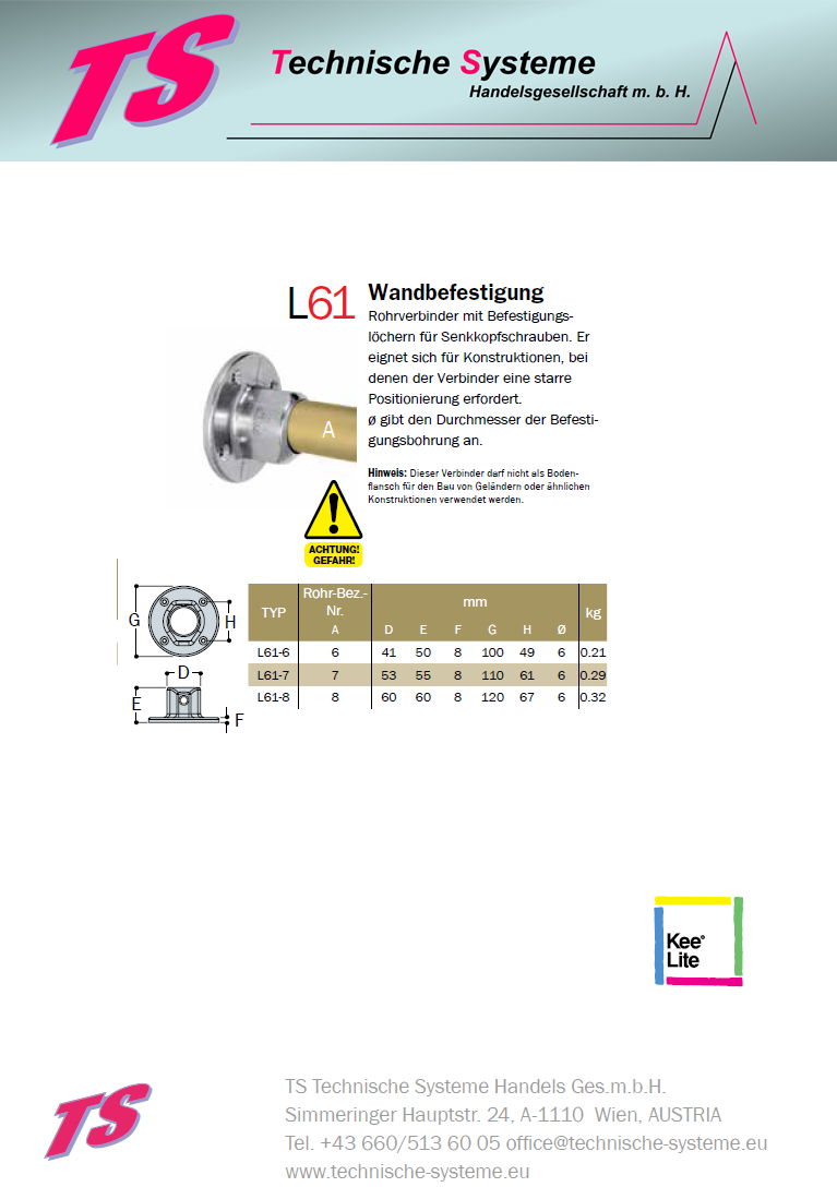 KL61-7  Kee Lite Rohrverbinder Typ 61 Größe 7        Wandverbinder aus Aluminium 42,4mm