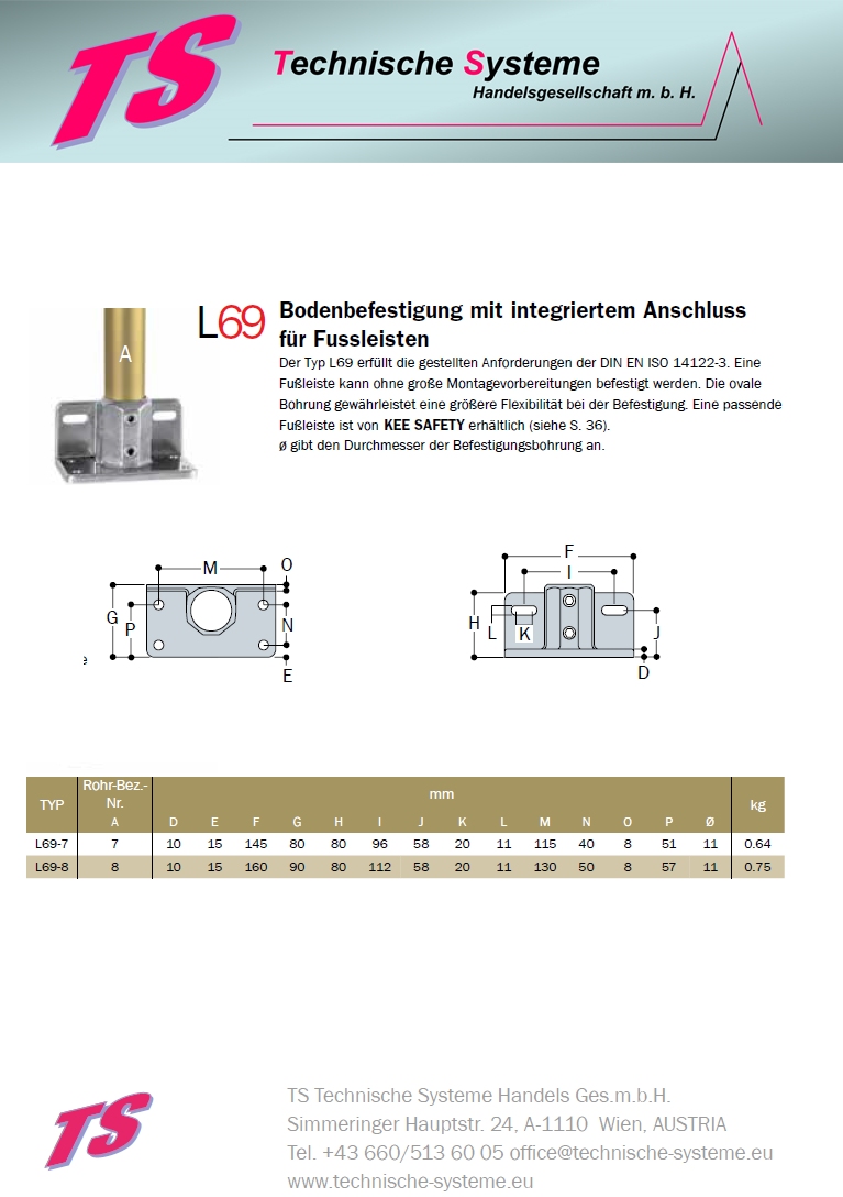 KL69-7  Kee Lite Rohrverbinder Typ 69 Größe 7      Bodenflansch mit Fußleiste aus Aluminium ID 42,4 mm