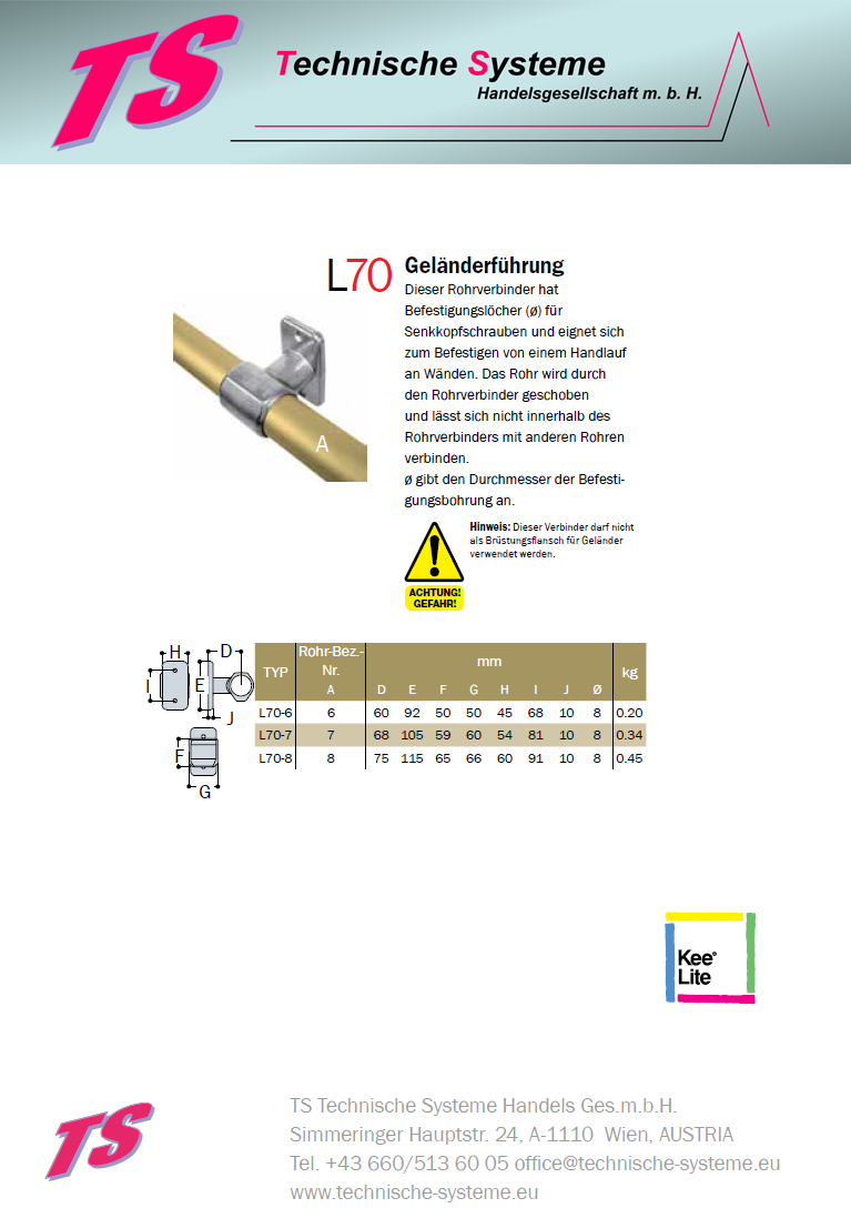 KL70-7  Kee Lite Rohrverbinder Typ 70 Größe 7      Geländerführung aus Aluminium ID 42,4mm