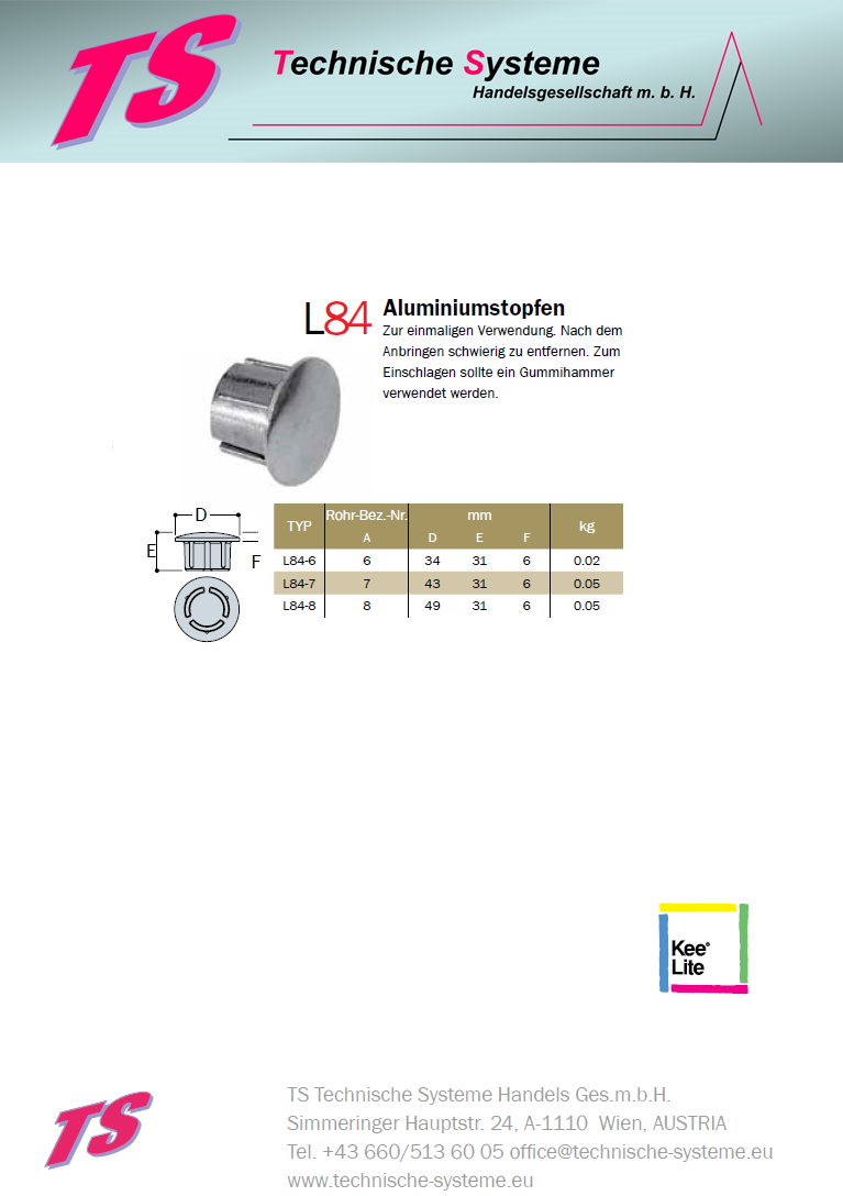 KL84-7  Kee Lite Rohrverbinder Typ 84 Größe 7      Aluminiumstopfen für Rohr 42,4mm