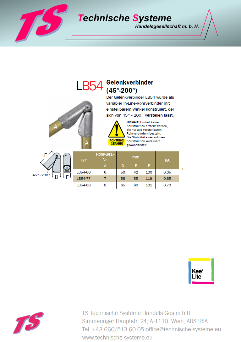 KLB54-7  Kee Lite Rohrverbinder Typ B54 Größe 7        Gelenkverbinder 45°-200° aus Aluminium ID 42,4mm