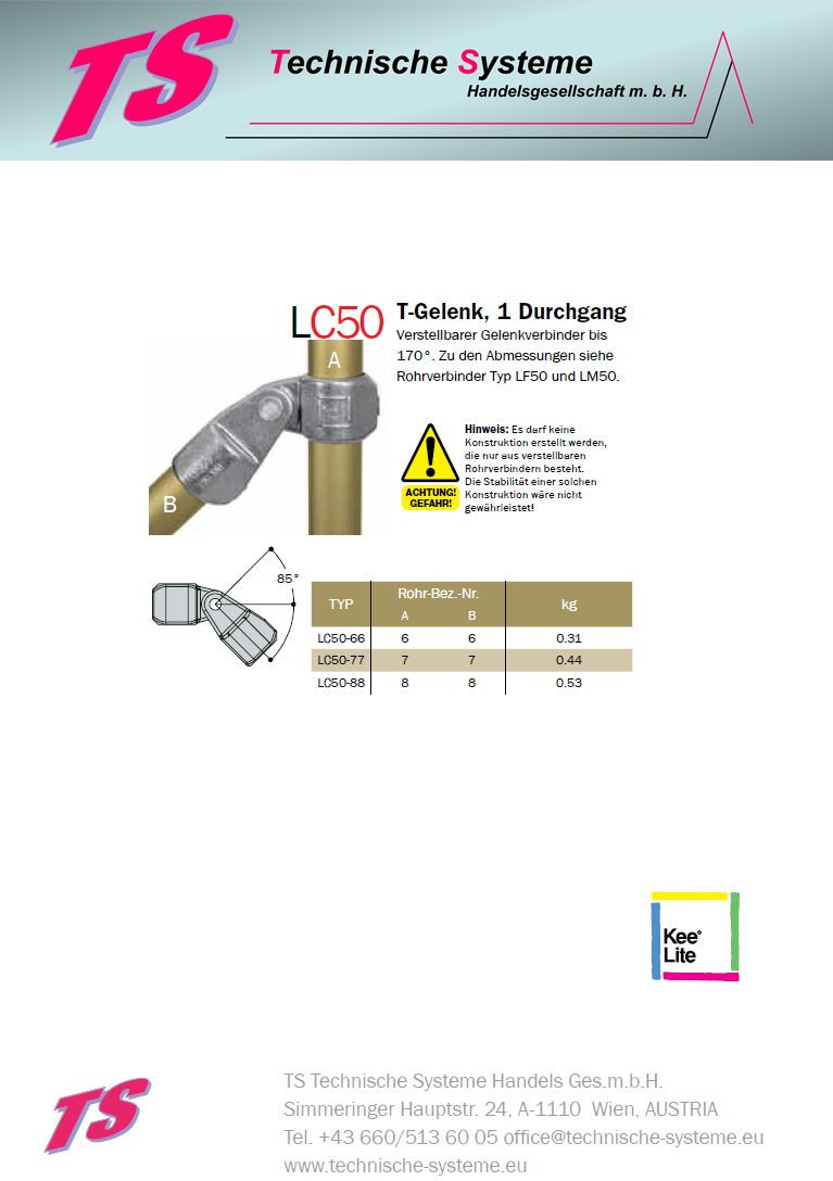 KLC50-7  Kee Lite Rohrverbinder Typ C50 Größe 7         Schwenkverbinder aus Aluminium ID 42,4mm