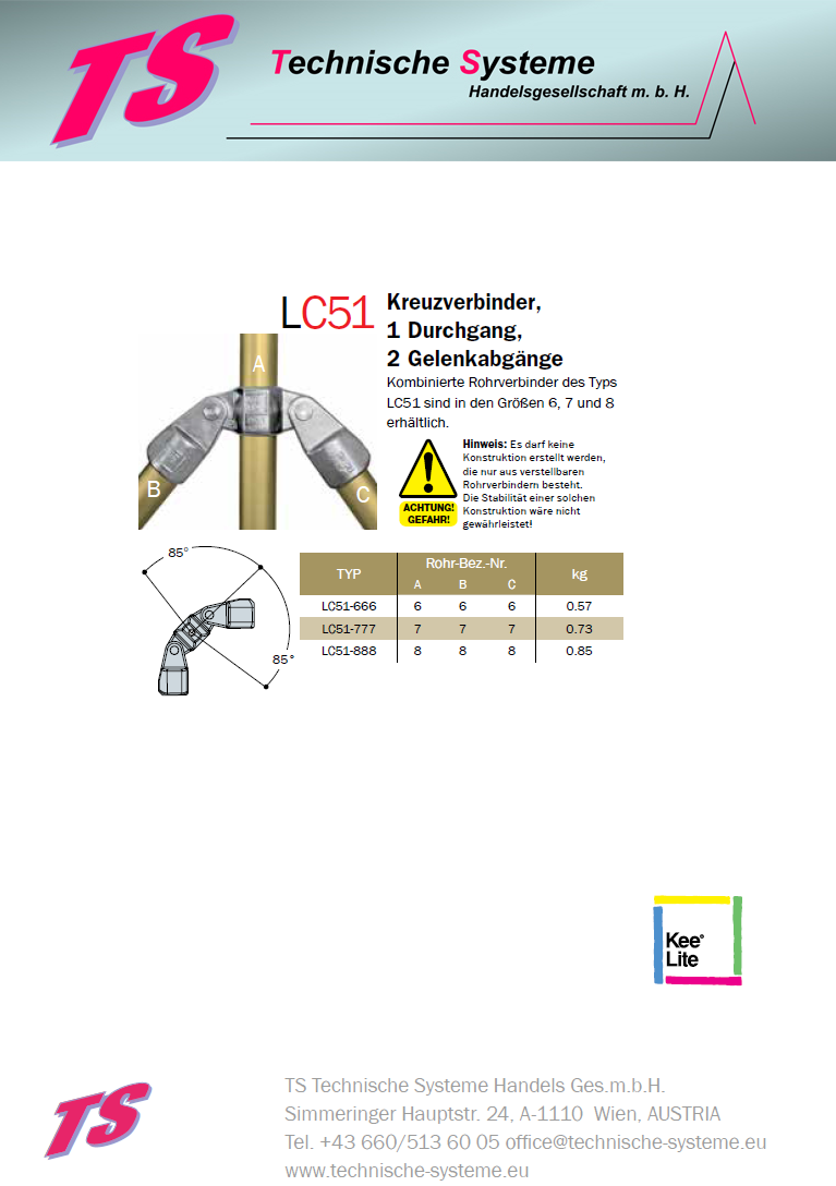 KLC51-7  Kee Lite Rohrverbinder Typ C51 Größe 7         Kreuzverbinder schwenkbar aus Aluminium ID 42,4mm