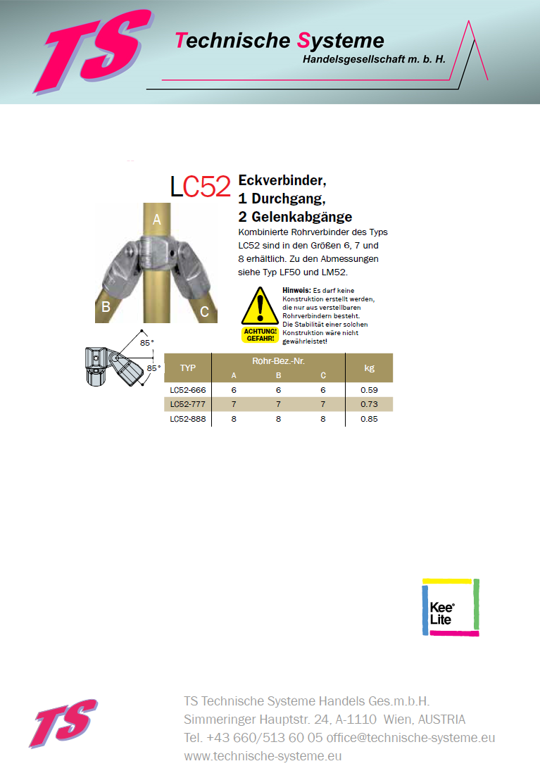 KLC52-7  Kee Lite Rohrverbinder Typ C52 Größe 7         Schwenkverbinder aus Aluminium ID 42,4mm