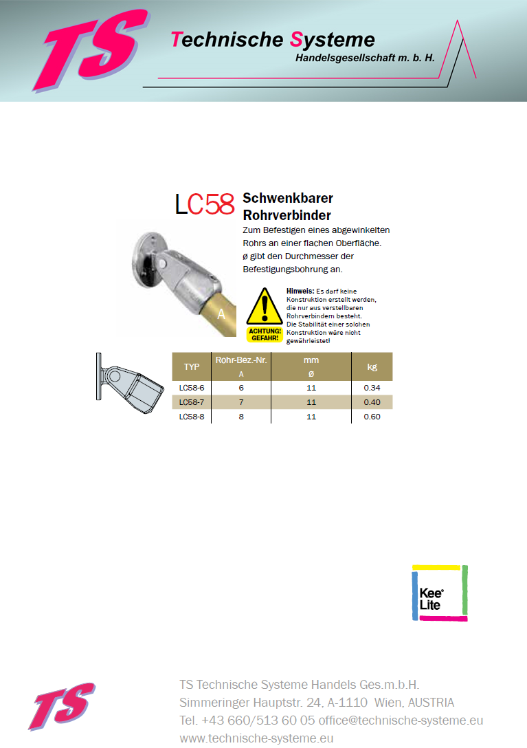 KLC58-7  Kee Lite Rohrverbinder Typ C58 Größe 7        Schwenkverbinder aus Aluminium ID 42,4mm