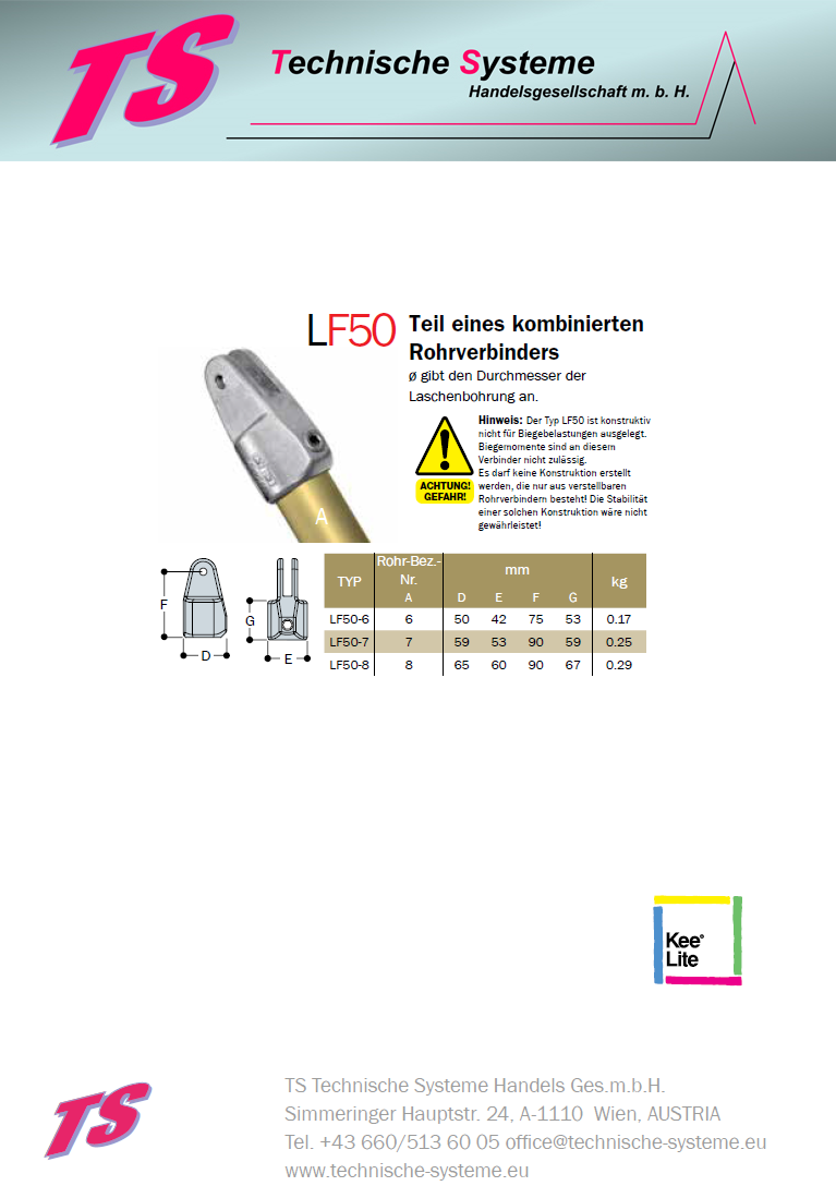 KLF50-7  Kee Lite Rohrverbinder Typ F50 Größe 7         Verbinder female aus Aluminium ID 42,4mm