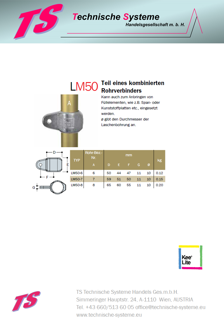 KLM50-7  Kee Lite Rohrverbinder Typ M50 Größe 7         Verbinder male aus Aluminium ID 42.4mm