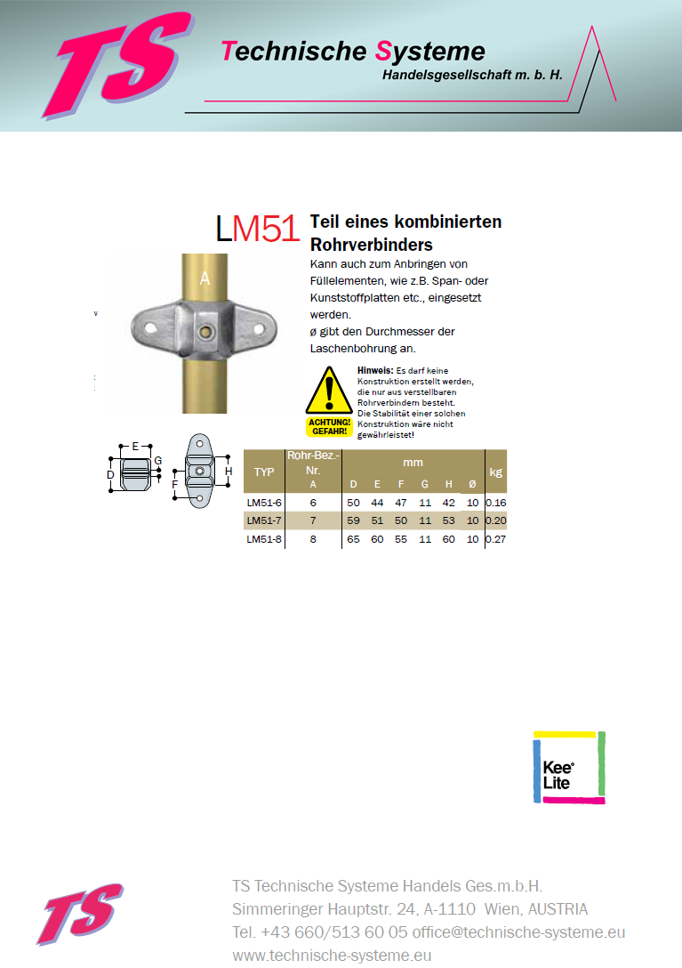 KLM51-7  Kee Lite Rohrverbinder Typ M51 Größe 7         Verbinder male aus Aluminium ID 42,4mm