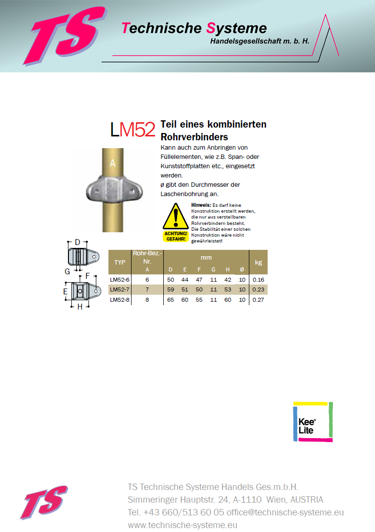 KLM52-7  Kee Lite Rohrverbinder Typ M52 Größe 7        Verbinder male aus Aluminium ID 42,4mm