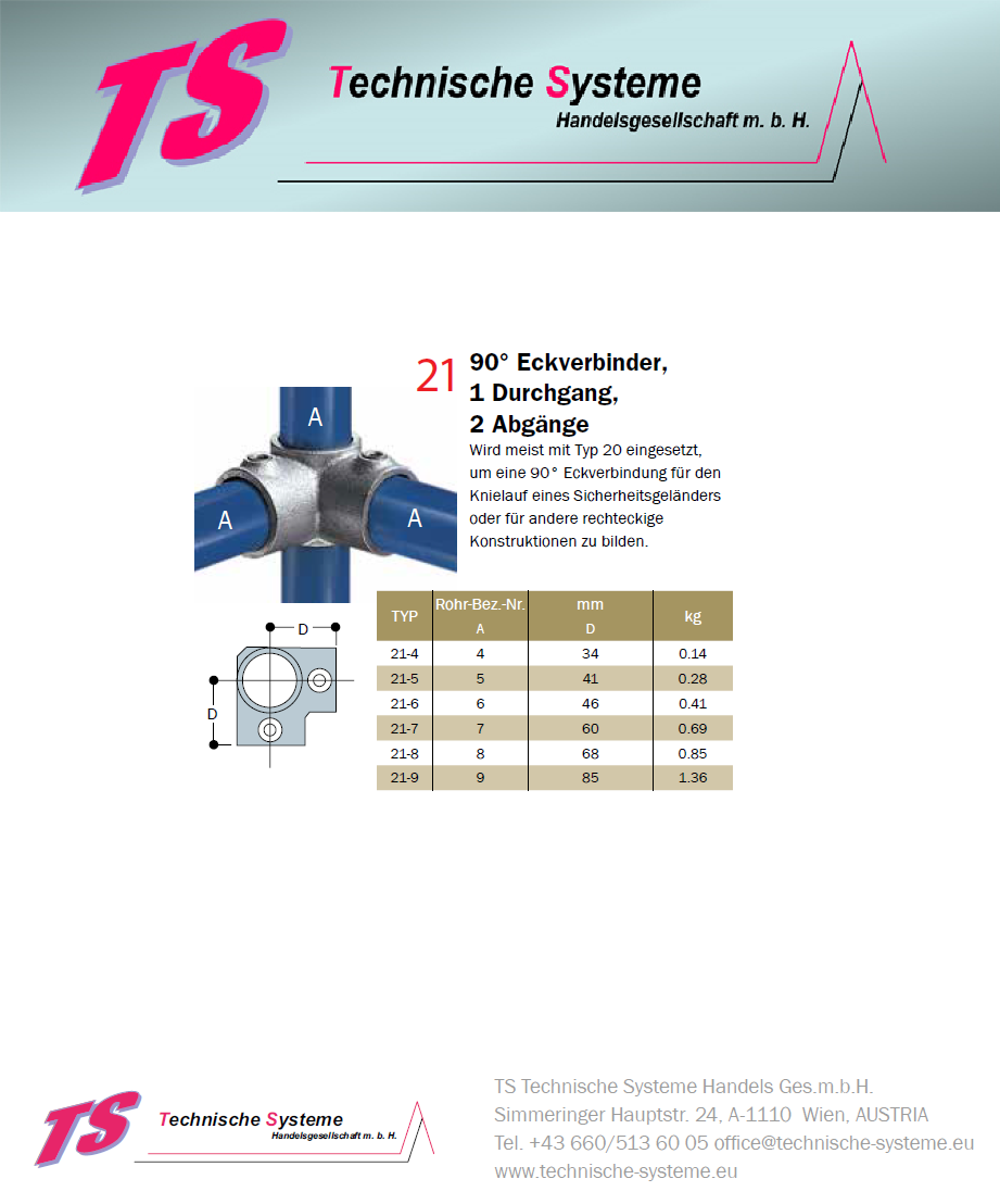 FFHKECKRE8	System FixFox Variante Kee Klamp mit Horizontalrohr Ecke mit rechter Verlängerung Rohrdurchmesser 48,3mm