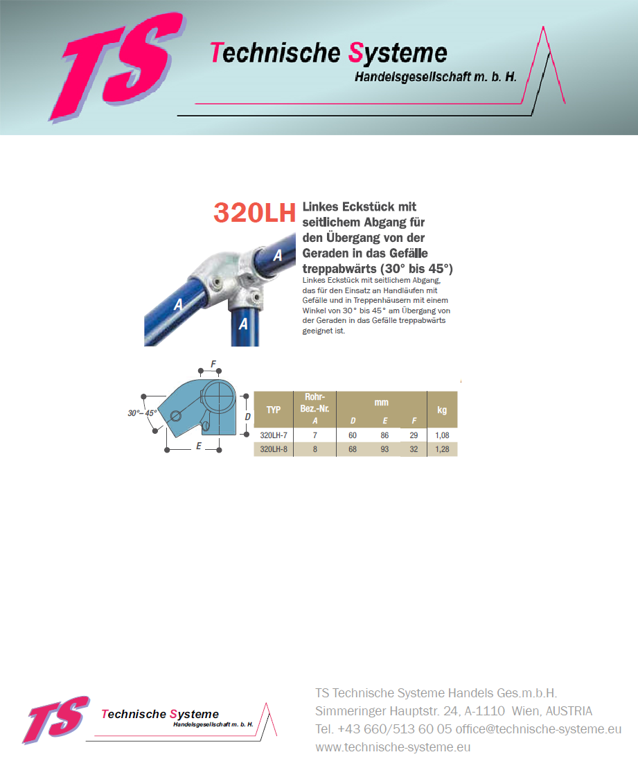 KK320LH-7 Kee Klamp Rohrverbinder Typ 320LH Größe 7        Handlauf links Ecke 30°-45° ID 42.4mm