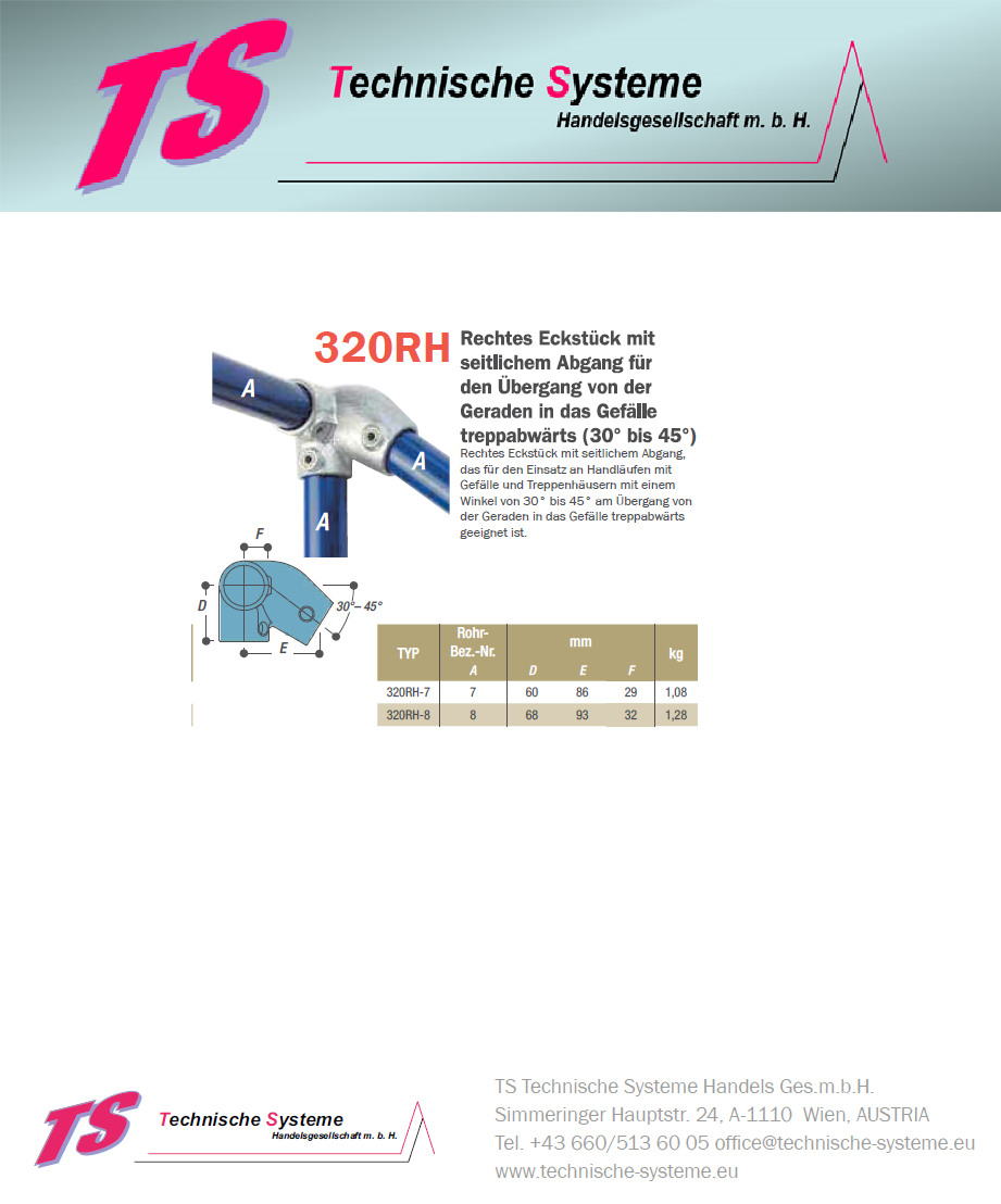 KK320RH-7 Kee Klamp Rohrverbinder Typ 320RH Größe 7        Handlauf rechts Ecke 30°-45° ID 42.4mm