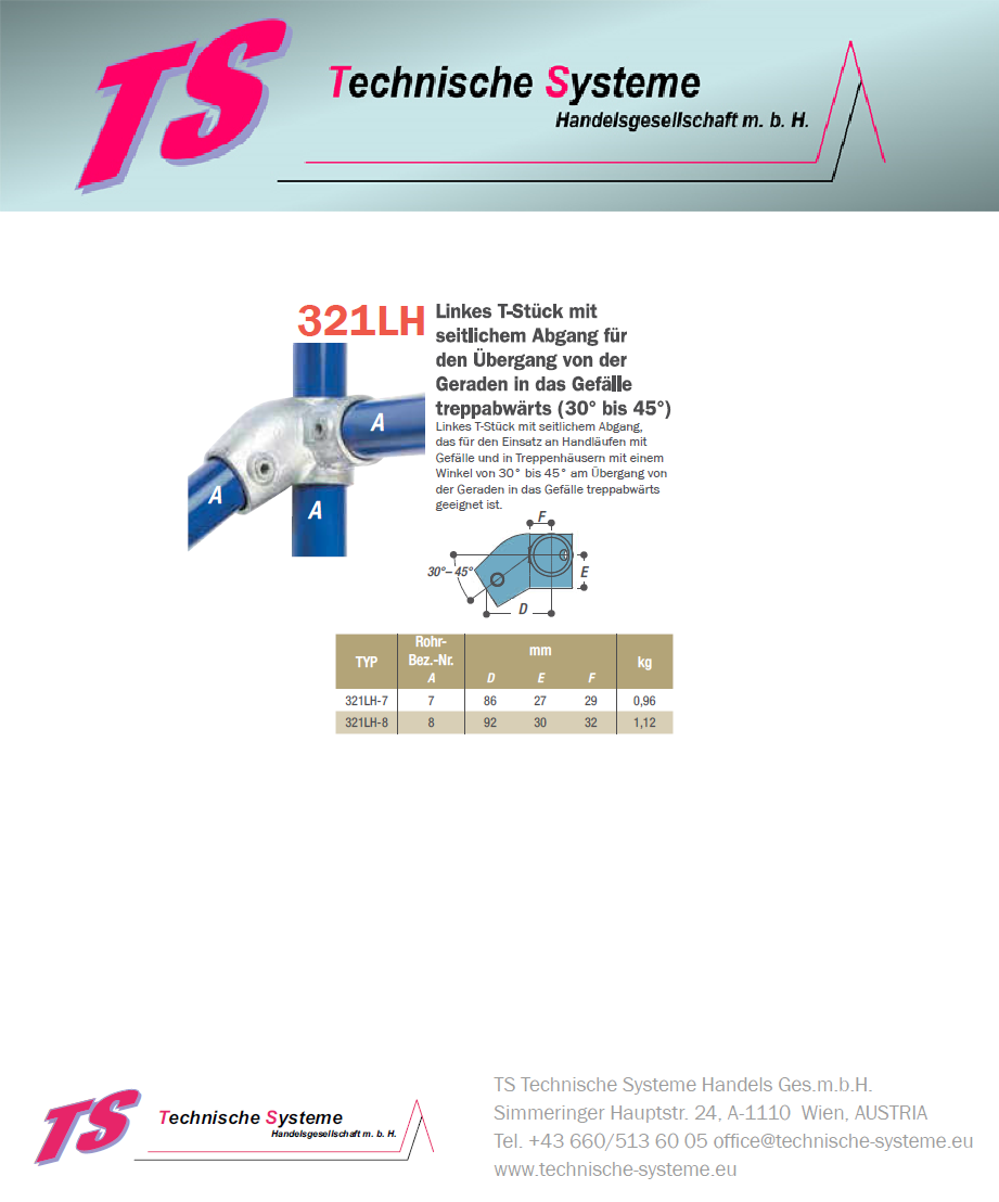 KK321LH-7 Kee Klamp Rohrverbinder Typ 321LH Größe 7        Handlauf links Ecke Steher 30°-45° ID 42.4mm