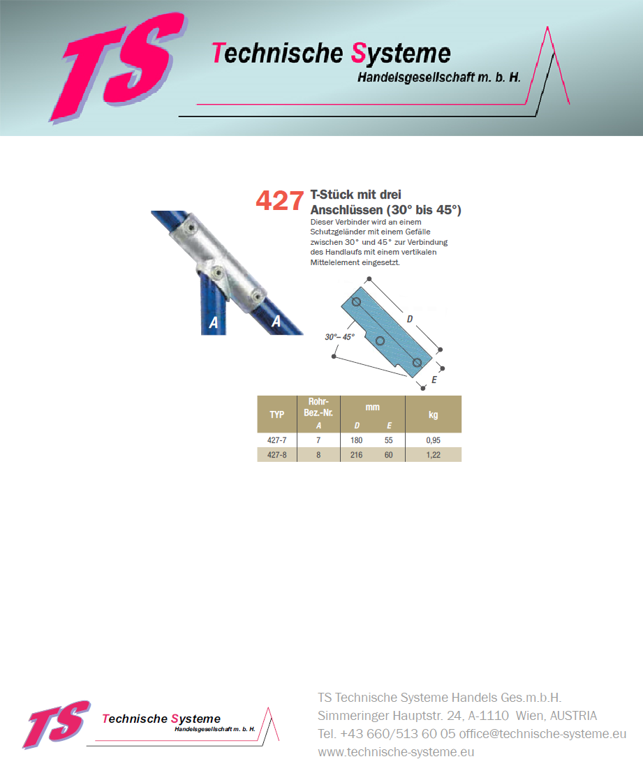 KK427-7 Kee Klamp Rohrverbinder Typ 427 Größe 7        T-Verbinder. 30°-45° verz. ID 42.4 mm