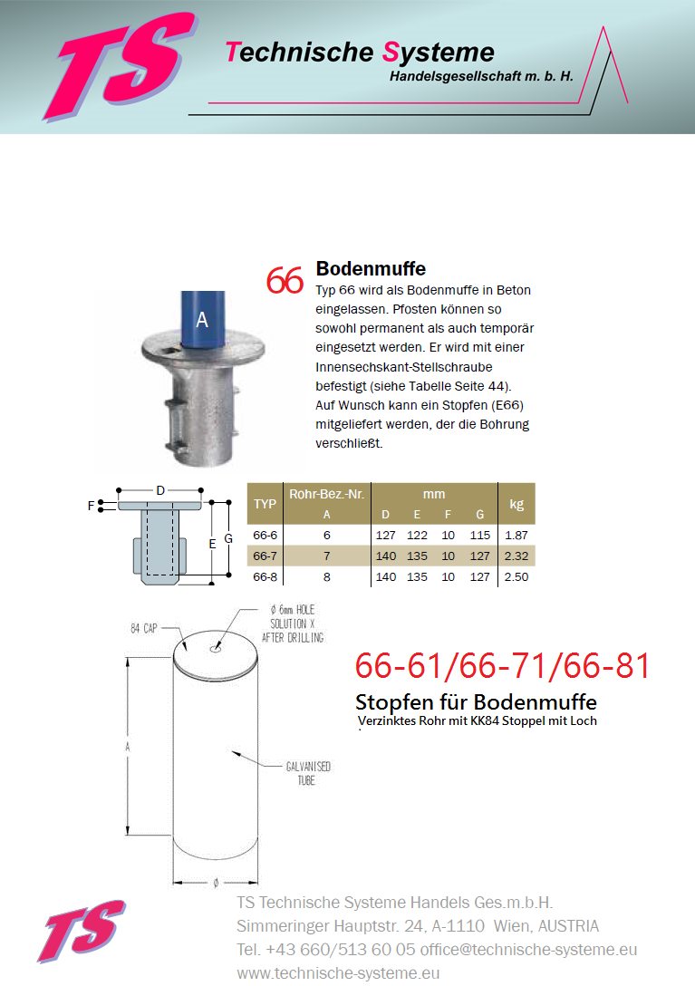 KK66-71 Kee Klamp Rohrverbinder Typ 66E Größe 7        Stopfen f. Bodenmuffe ID 42.4mm