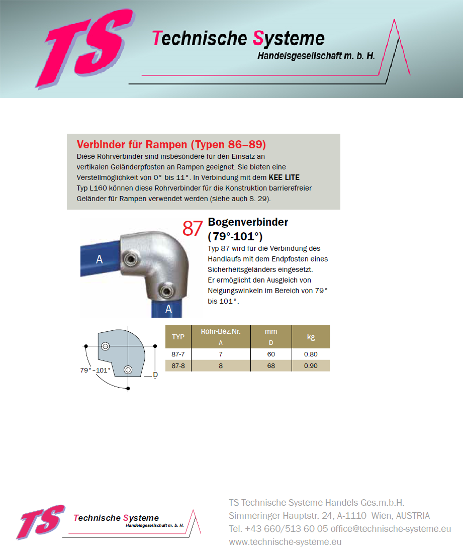 KK87-7 Kee Klamp Rohrverbinder Typ 87 Größe 7        Bogen 79°-101° verzinkt ID 42.4mm